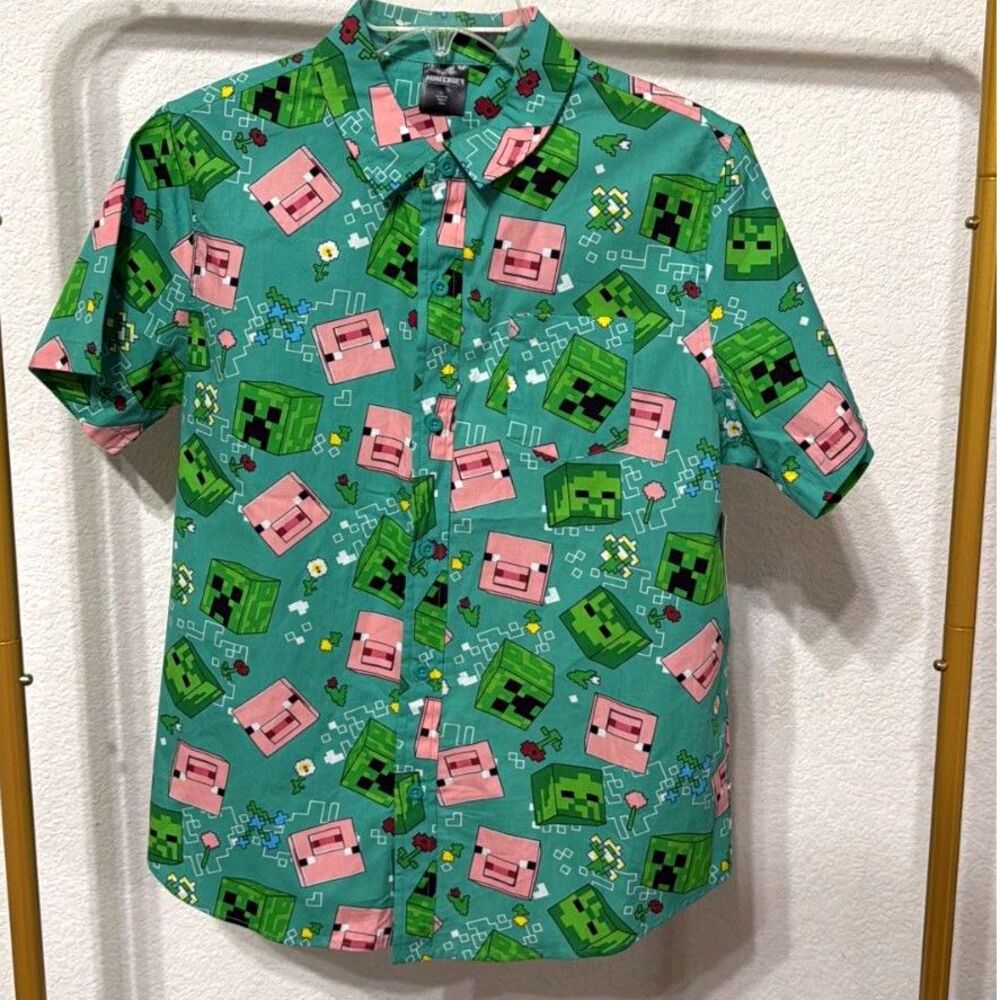 NWT Minecraft Boys Minecraft Print Button Up Shirt Size 14 Green
